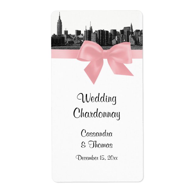 NYC Wide Skyline Etched BW Pink Wine Label (Vorne)