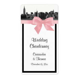 NYC Wide Skyline Etched BW Pink Wine Label