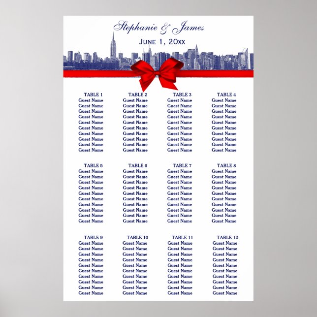 NYC Wide Skyline Etched BW Red Bow Blue Poster (Vorne)