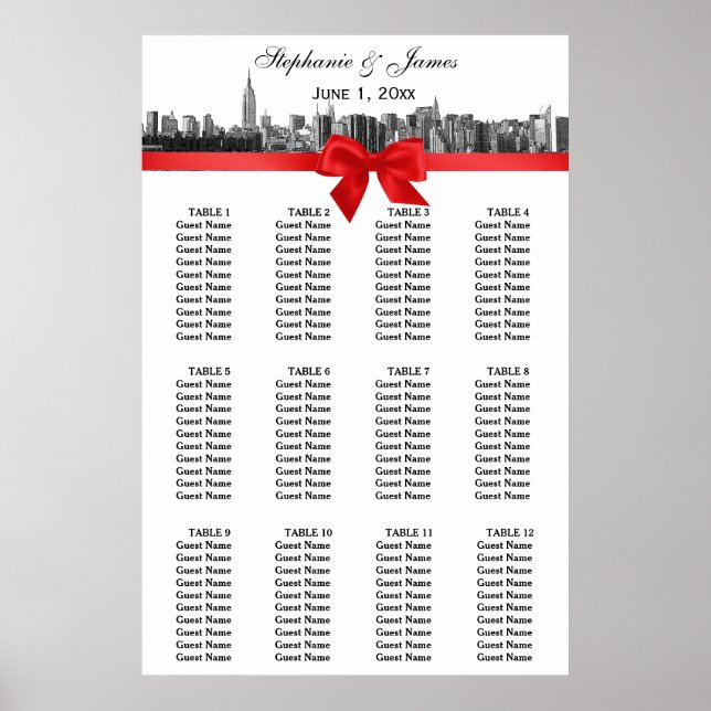 NYC Wide Skyline Etched BW Red Bow Poster (Vorne)