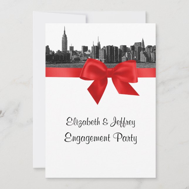 NYC Wide Skyline Etched BW Red Engagement Party Einladung (Vorderseite)