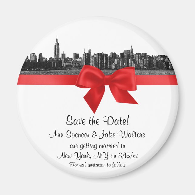 NYC Wide Skyline Etched BW Red Save the Date R Magnet (Vorne)