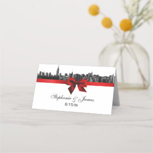 NYC Wide Skyline Etched BW Red Wedding Escort Card Platzkarte