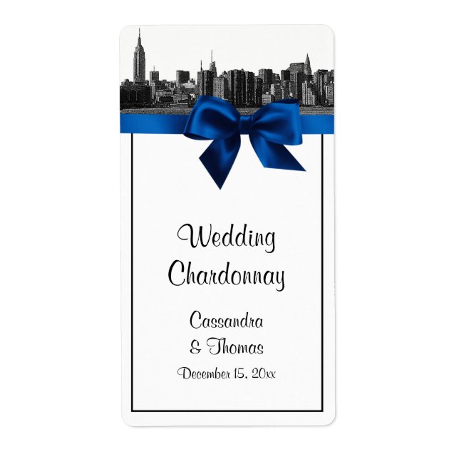 NYC Wide Skyline Etched BW Royal Blue Wine Label (Vorne)