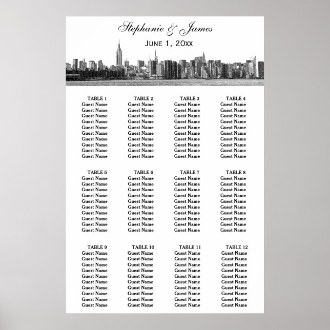 NYC Wide Skyline Etched BW Wedding Poster (Vorne)