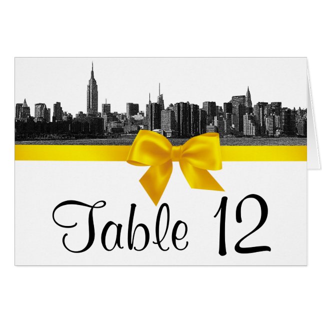 NYC Wide Skyline Etched BW Yellow Tischnummer (Vorderseite (Horizontal))