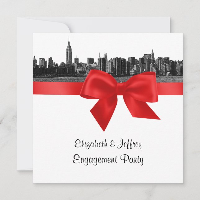 NYC Wide Skyline Etted BW Red Engagement Party SQ Einladung (Vorderseite)
