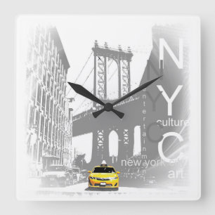 Nyc Yellow Taxi Brooklyn Bridge Pop Quadratische Wanduhr