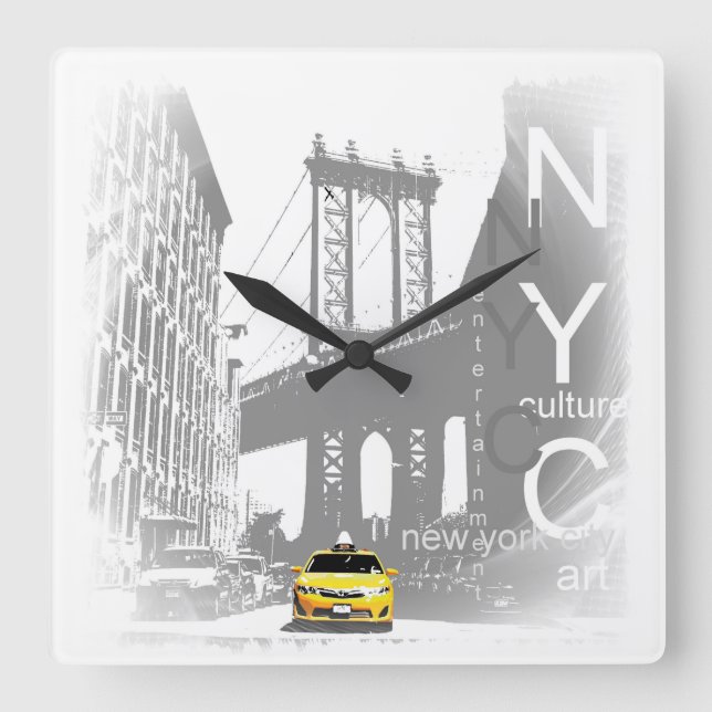 Nyc Yellow Taxi Brooklyn Bridge Pop Quadratische Wanduhr (Vorderseite)