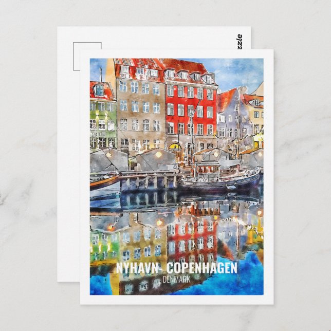 Nyhavn Copenhagen Denmark Travel Watercolor Sketch Postkarte (Vorne/Hinten)