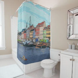 Nyhavn Copenhagen Denmark Whimsical Lustration Duschvorhang