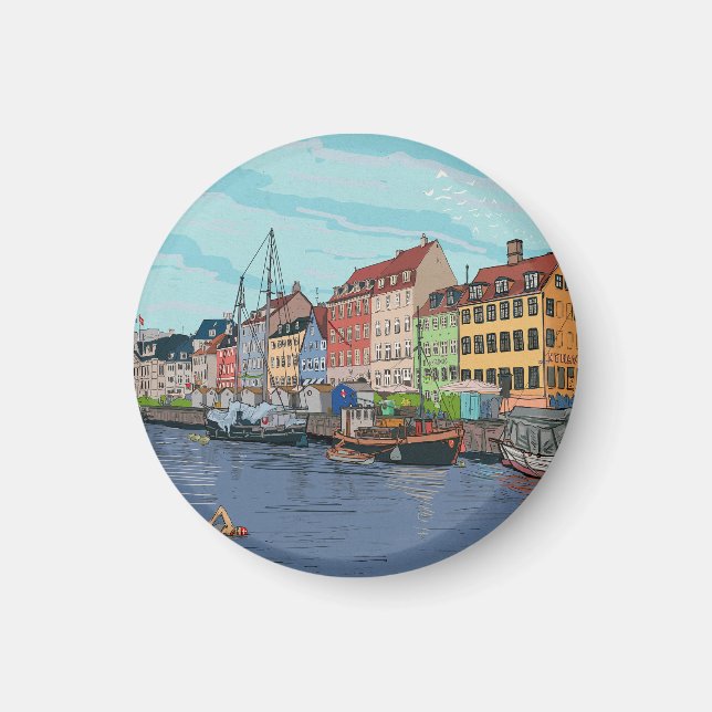 Nyhavn Copenhagen Denmark Whimsical Lustration Magnet (Vorne)