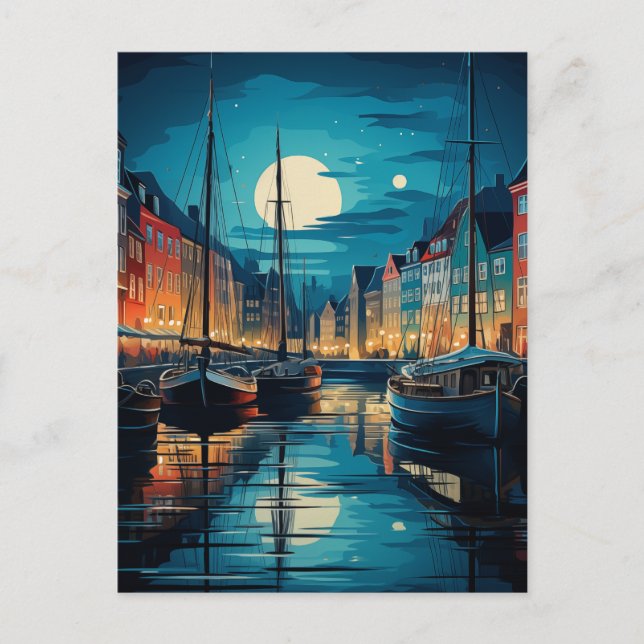 Nyhavn Copenhagen Moonlit Canal Night Postkarte (Vorderseite)