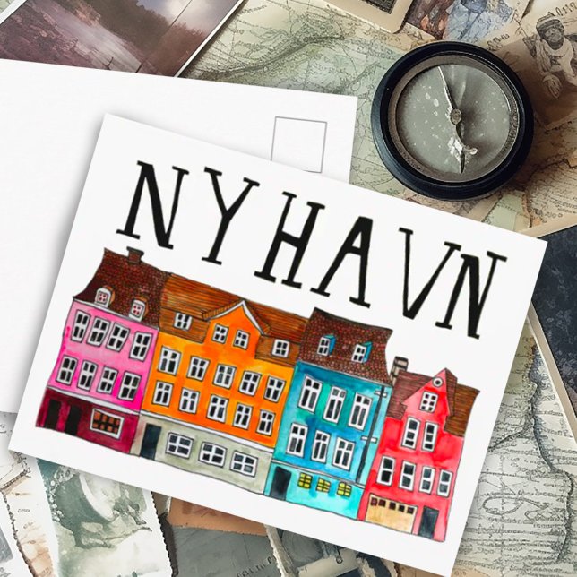 NYHAVN Copenhagen Watercolor Art Travel Postkarte (Watercolor painting custom postcard Denmark Copenhagen Nyhavn)