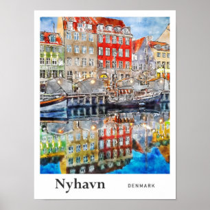 Nyhavn Denmark Travel Watercolor Hand Drawn Poster
