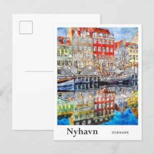 Nyhavn Denmark Travel Watercolor Hand Drawn Postkarte