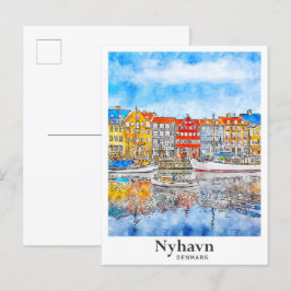 Nyhavn Denmark Watercolor Hand Drawn Postkarte