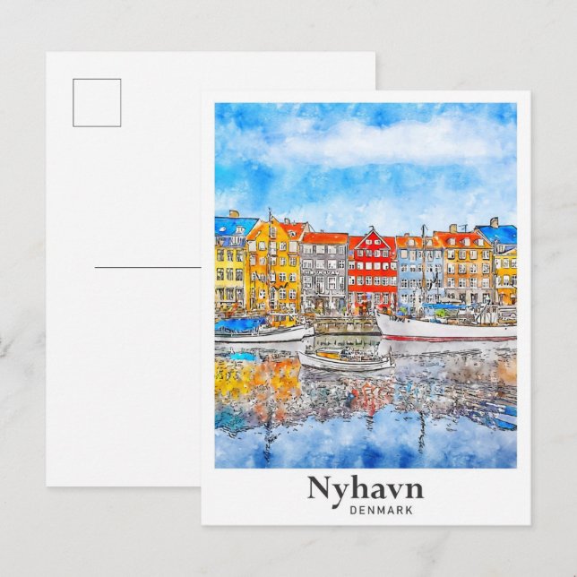 Nyhavn Denmark Watercolor Hand Drawn Postkarte (Vorne/Hinten)