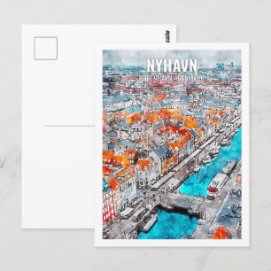 Nyhavn Kobenhavn Dänemark Reiseort Wasserfarbe Postkarte