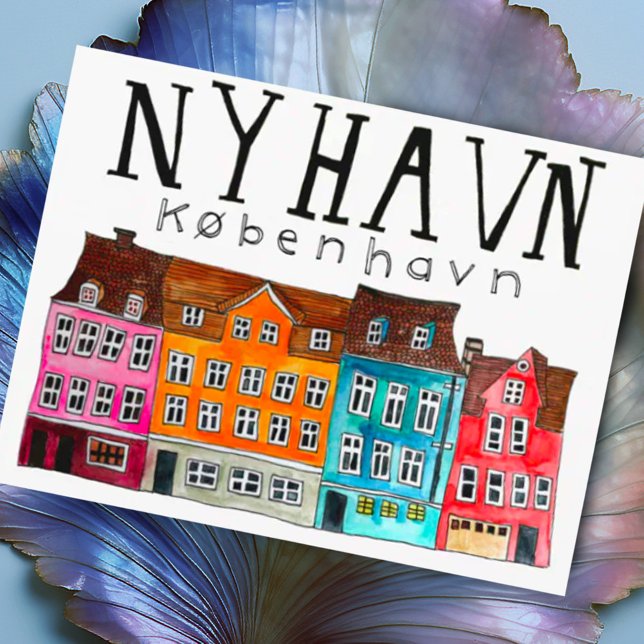 NYHAVN Kobenhavn Kunst, Dichtung und Musik Postkarte (Sweet watercolor buildings to celebrate Denmark's Nyhavn area. Add your own text to this postcard)