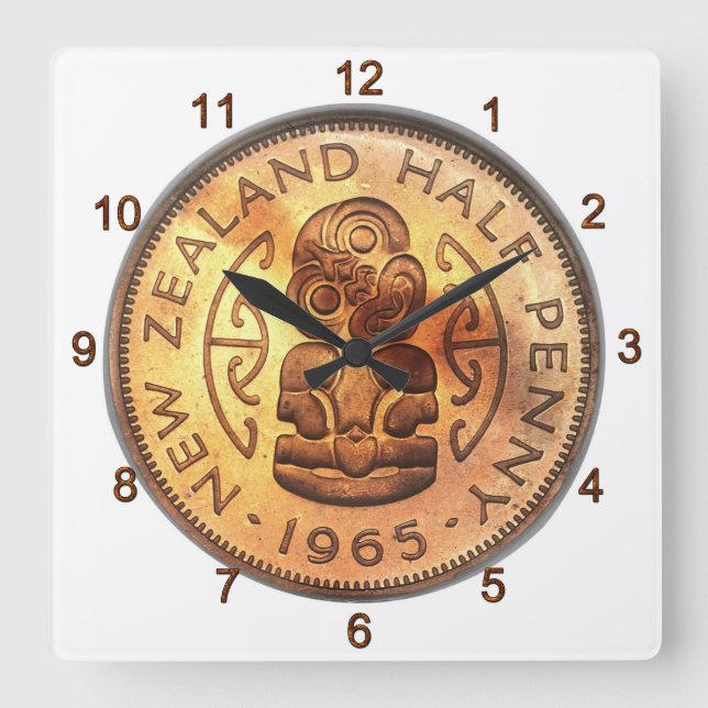 NZ Neuseeland Half Penny Tiki Clock Quadratische Wanduhr (Vorderseite)