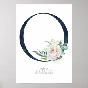 O Buchstabe Monogramm Weiße Blumen und Grün Poster