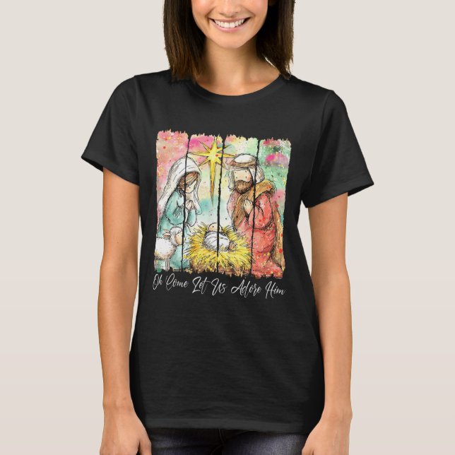O Come Let Us Adore Him Jesus Christian Christmas  T-Shirt (Vorderseite)