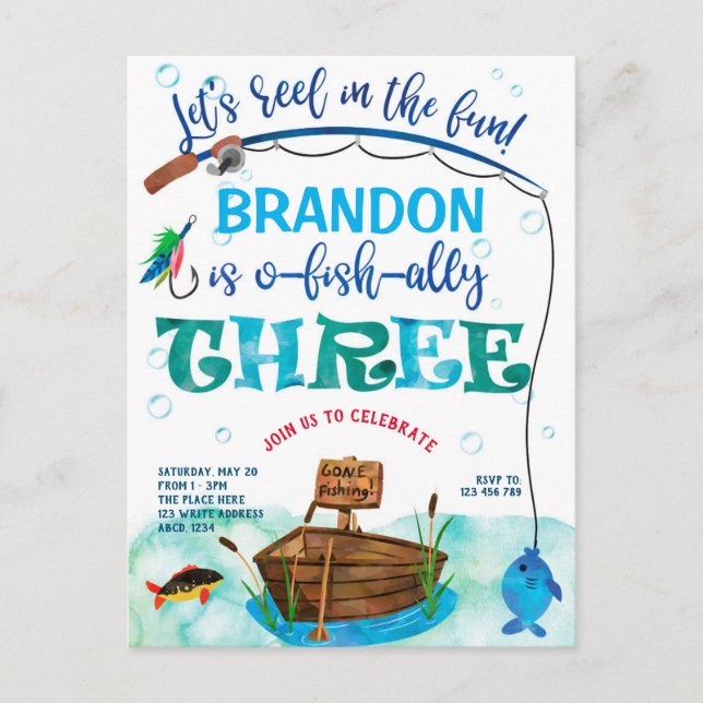 O-Fisch-Ally, Little Fisherman, Angeln 3. Birthda Einladungspostkarte (Vorderseite)
