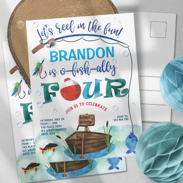 O-Fisch-Ally, Little Fisherman, Fischen 4. Einladungspostkarte (Fishing themed, Boy 1st birthday invitation. O fish ally, gone fishing, little fisherman birthday.)