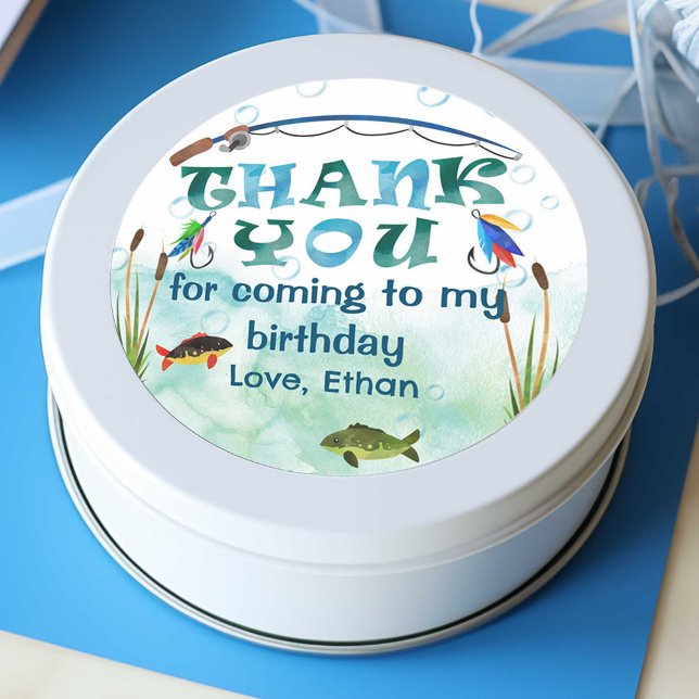 O-Fisch, Fischerei Thema danke Ihnen Runder Aufkleber (O fish ally, Gone fishing themed, boy 1st birthday favor stickers.)