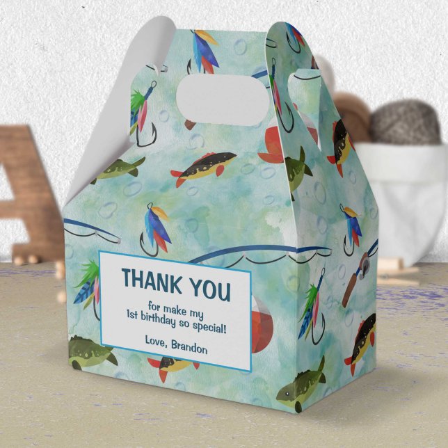 O-Fisch-verwandter Fischertag Geschenkschachtel (Fishing themed, o fish ally one, birthday favor box.)