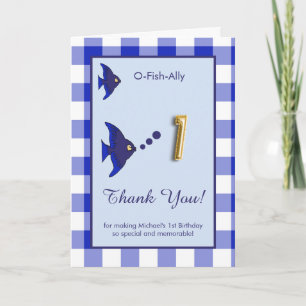 O Fish Ally 1. Geburtstagsfoto Blau Gingham Dankeskarte
