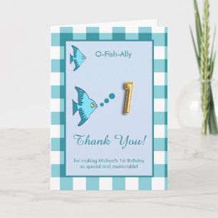O Fish Ally 1. Geburtstagsfoto Teal Blau Gingham Dankeskarte