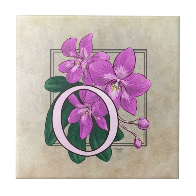 O für Orchiale Blume Floral Monogramm Fliese (Vorderseite)