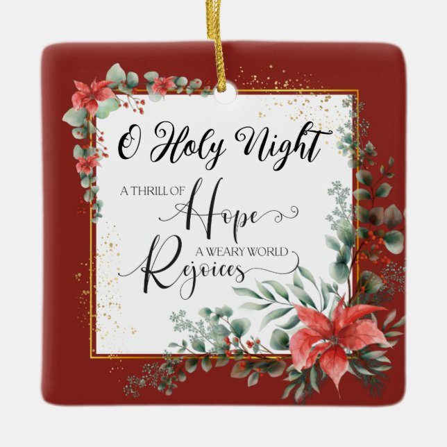 O Heilige Nacht Weihnachten Carol Red Green Floral Keramikornament (Vorderseite)