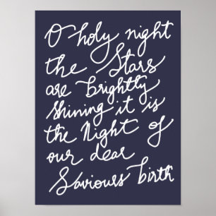O Holy Night White Typografy Navy Blue Weihnachten Poster