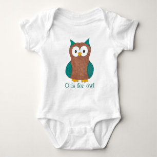 O ist für Owl Brown Blue Wise Owl Bird Animal Baby Strampler