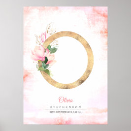 O Letter Monogram Gold Blätter Pink Magnolia Flora Poster