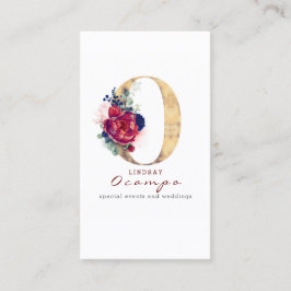 O Monogram Burgundy Gold und Navy Blue Floral Visitenkarte