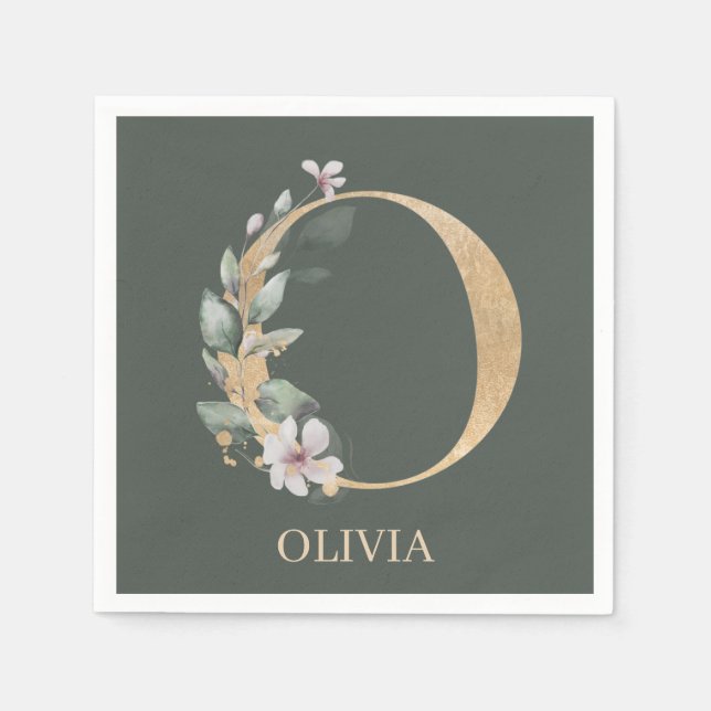 O Monogram Floral Personalisiert Napkins Serviette (Vorderseite)