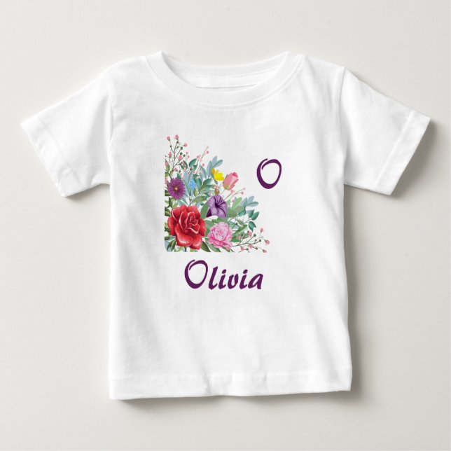 O Olivia Personalize Letter Name, Rose Blume Baby T-shirt (Vorderseite)