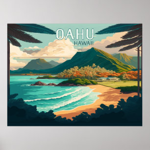 Oahu Hawaii Beach Vintag Retro Poster