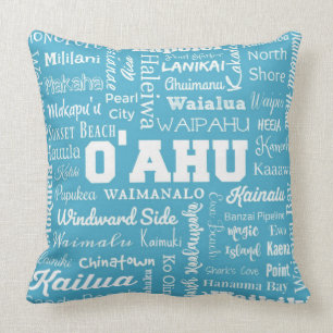 O'ahu Hawaii Stadt-Typografie - Aqua und Weiß Kissen