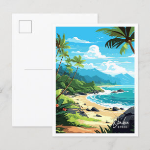 Oahu Hawaii USA Art Vintage Reise Illustration Postkarte