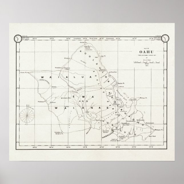 Oahu Island, Hawaii, Vintage Karte 1887 Poster (Vorne)