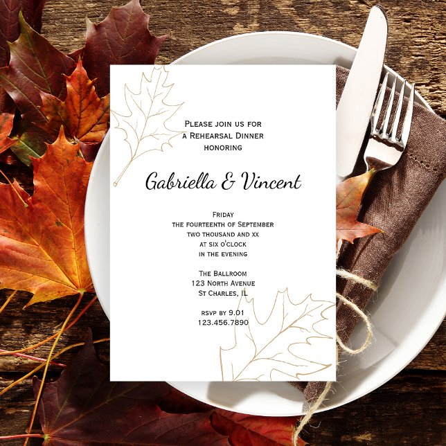 Oak Blätter Hochzeit Probe Abendessen im Herbst Einladung (Set a warm seasonal Fall tone with the Autumn Oak Leaves Wedding Rehearsal Dinner Invitation.)