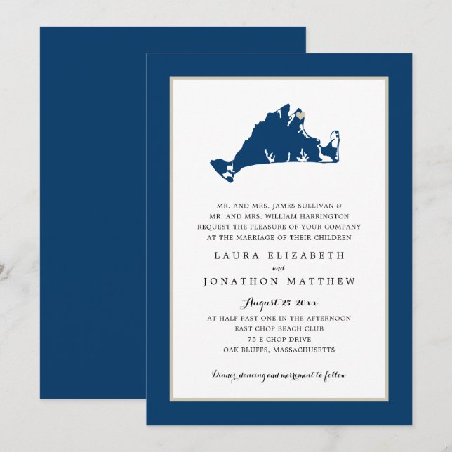 Oak Bluffs Marthas Vineyard Blue Map Wedding Invit Einladung (Vorne/Hinten)