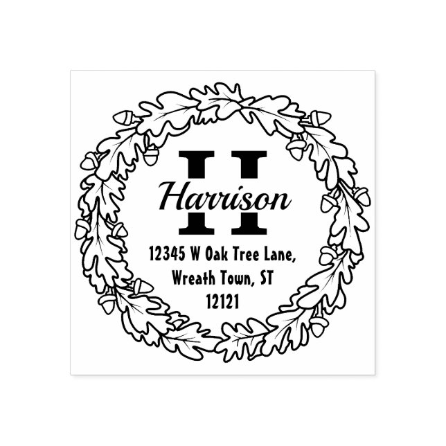 Oak Leaf Acorns Wreath | Monogramm Rücksendeadress Gummistempel (Prägung)