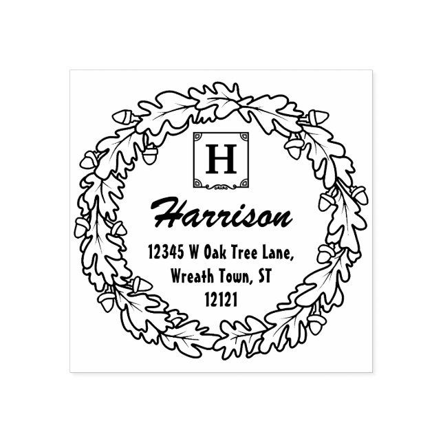Oak Leaf Acorns Wreath | Monogramm-Rücksendeadress Gummistempel (Prägung)