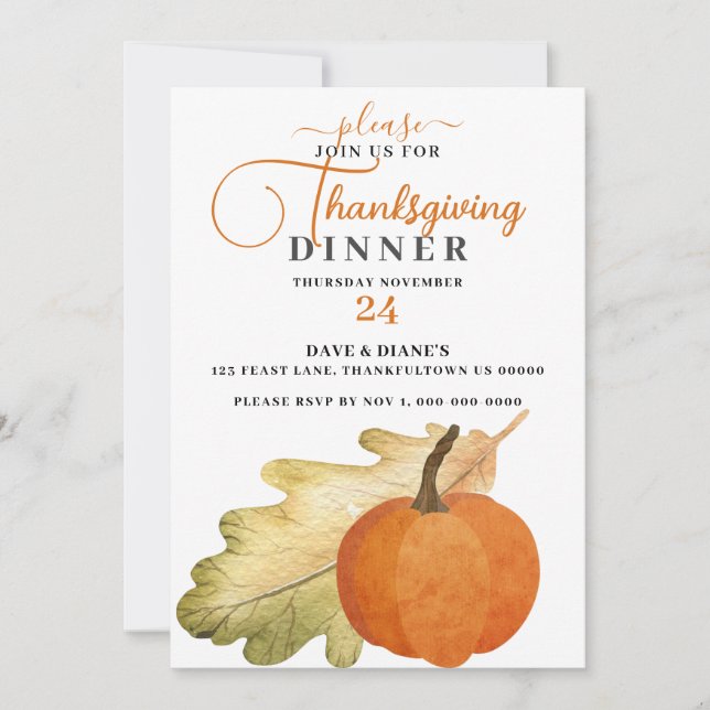 Oak Leaf & Pumpkin Erntedank Dinner Einladung (Vorderseite)